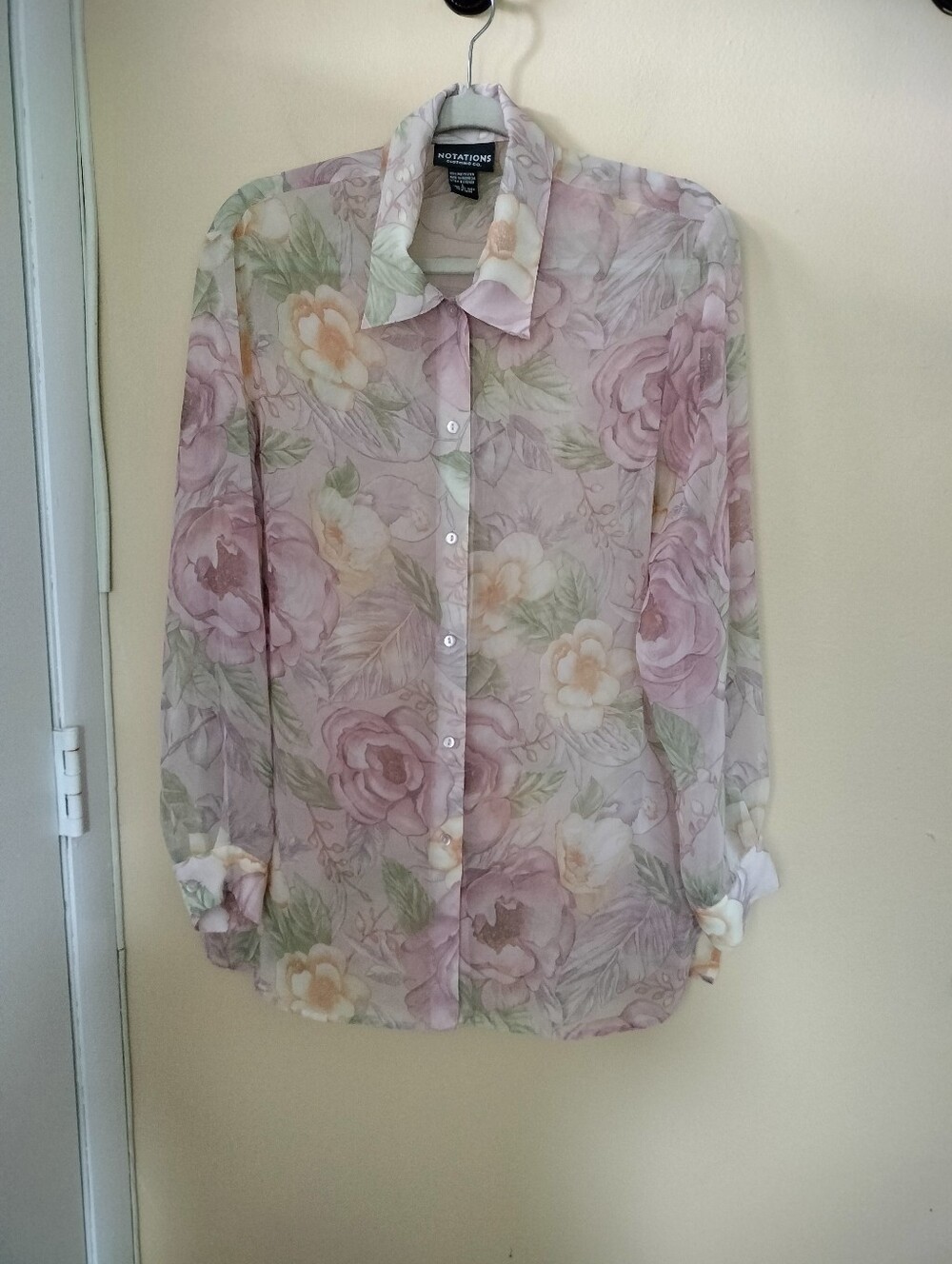 Notations Sheer Soft Pastel Floral Button-Down Blouse L Vacation Swimsuit Cover